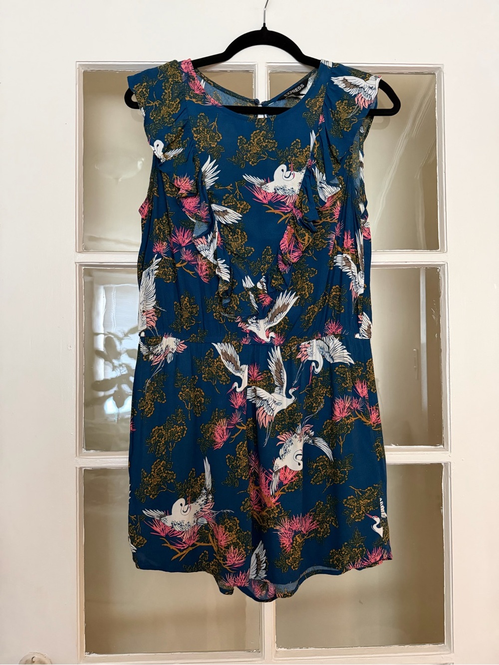 Express Teal Sleeveless Crane-Print Romper